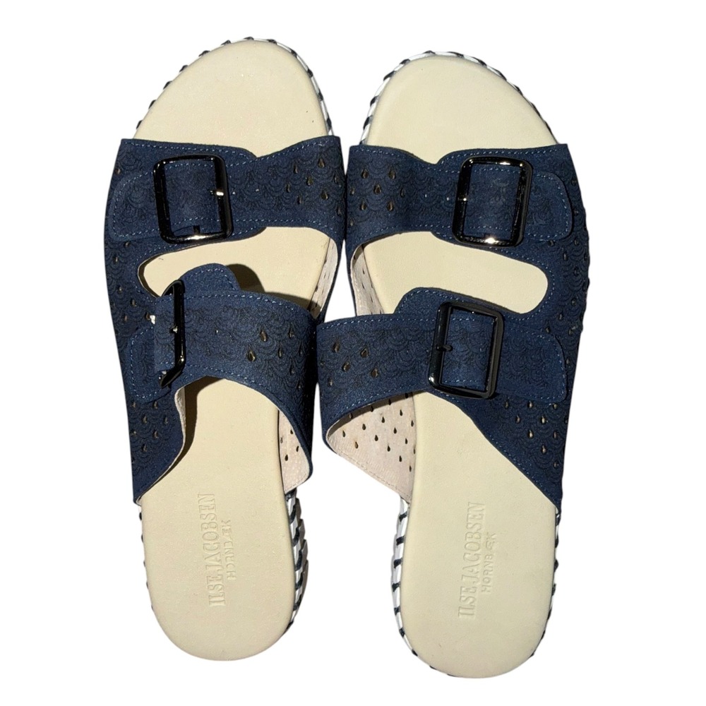 Ilse Jacobsen Tulip 117 Navy Blue Recycled Microfiber Buckle Slide Sandals EU 40